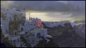 Santorini Stormy Dawn, Greece, plein air painting by Patrick Faulwetter