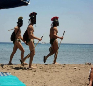 Ancient Spartans in the greek island of Rhodes parody